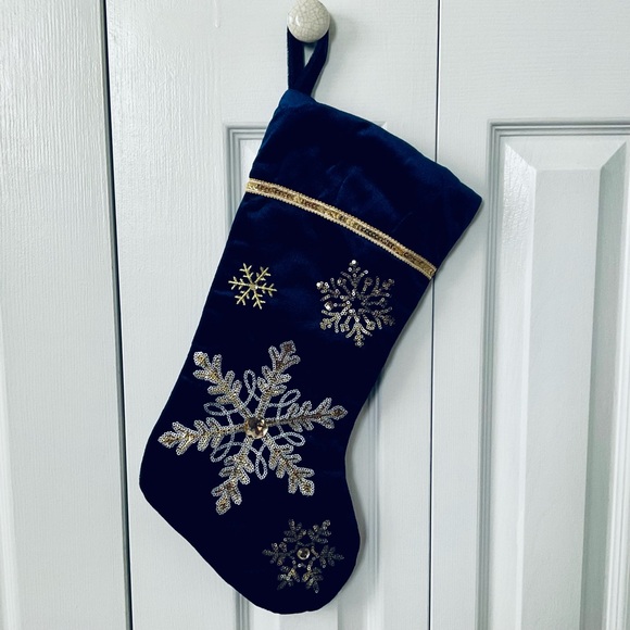 Midnight Blue Velveteen Christmas Hanging Stocking with Gold Sequined Snowflakes - Picture 9 of 9